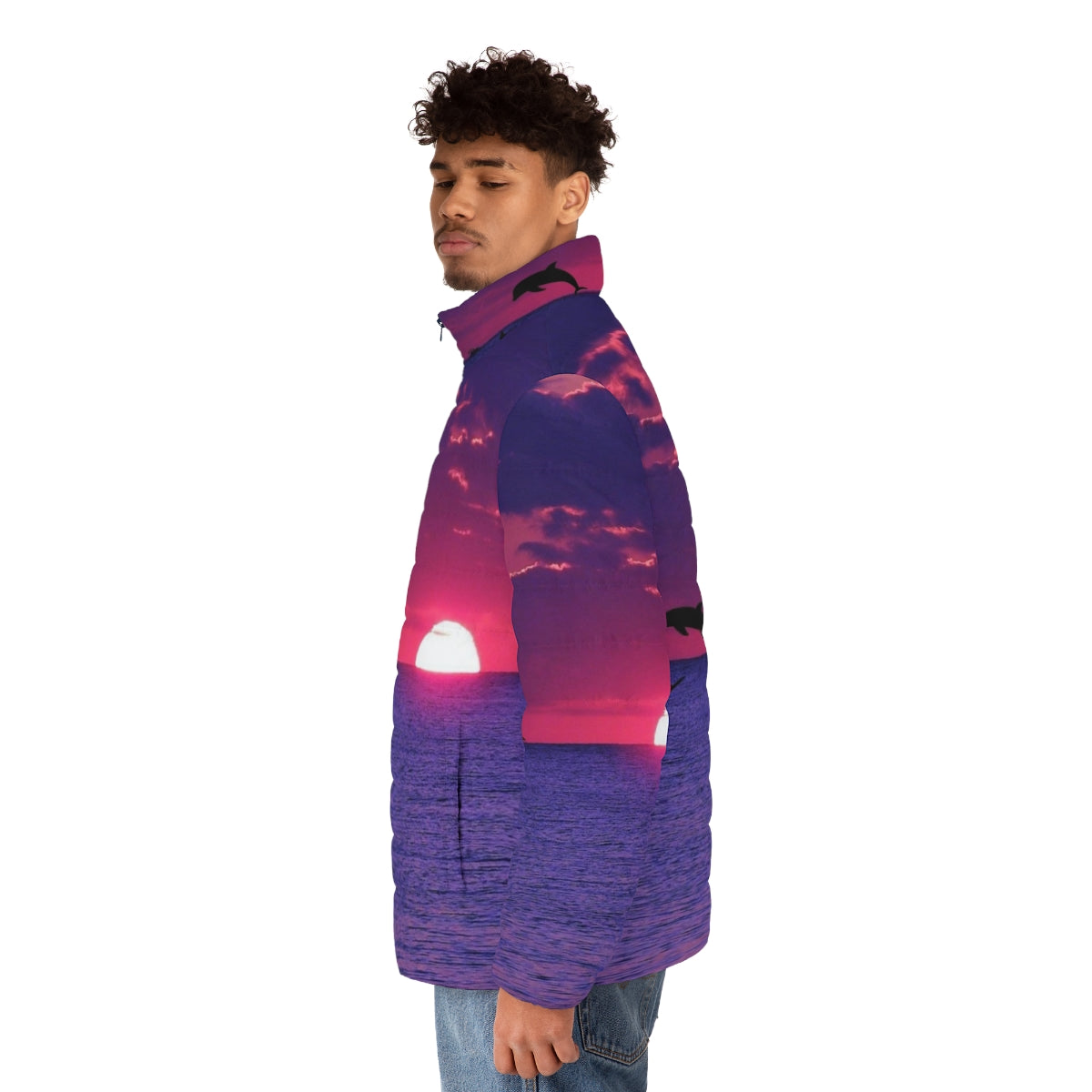 Puffer jacket featuring a beautiful beach sunset with a pink and purple sky and silhouetted dolphins - men side left