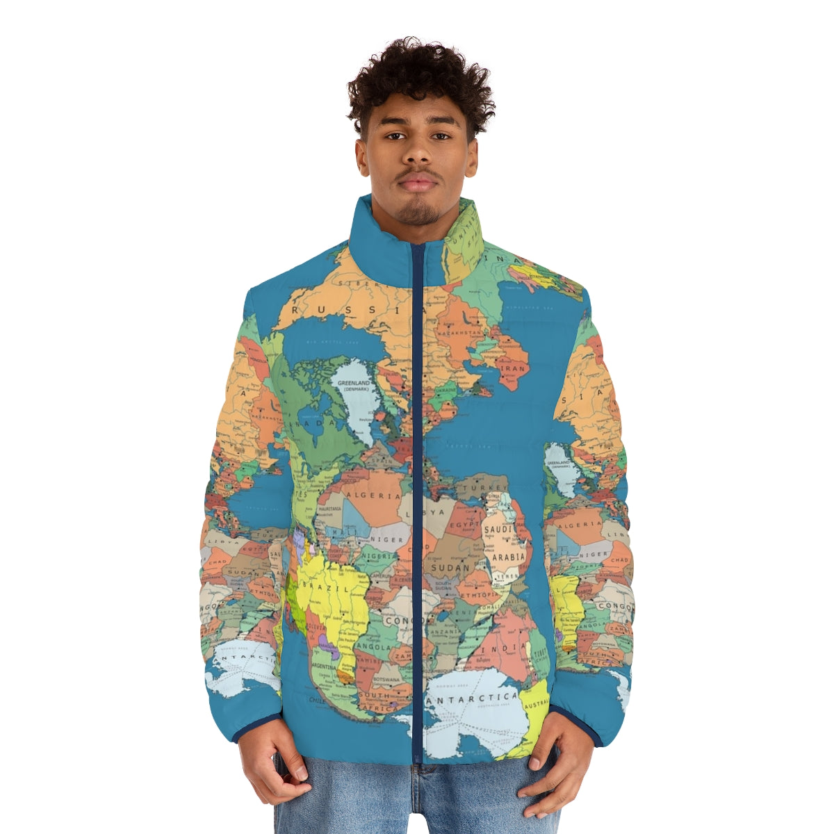 Pangaea puffer jacket with world map and continental drift design - men front