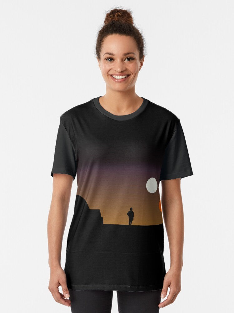 A graphic t-shirt featuring the double sunset of Tatooine from the Star Wars universe. - Women