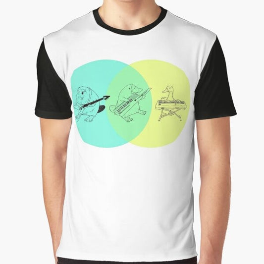 A graphic t-shirt featuring a Venn diagram with a keytar and platypus design, representing a quirky, fun, and hip style.