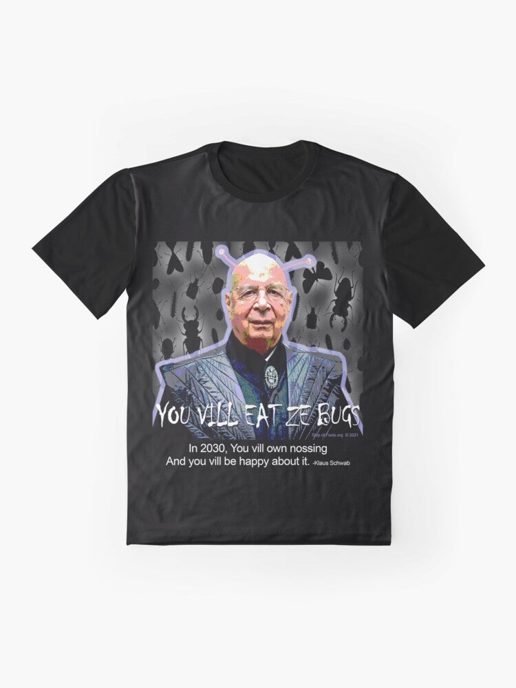 "You Will Eat the Bugs" graphic t-shirt design featuring Orwellian and new world order themes - Flat lay