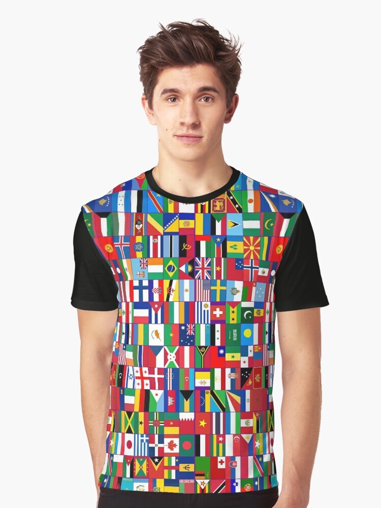 Colorful graphic t-shirt featuring flags of the world, symbolizing global unity and tolerance. - Men