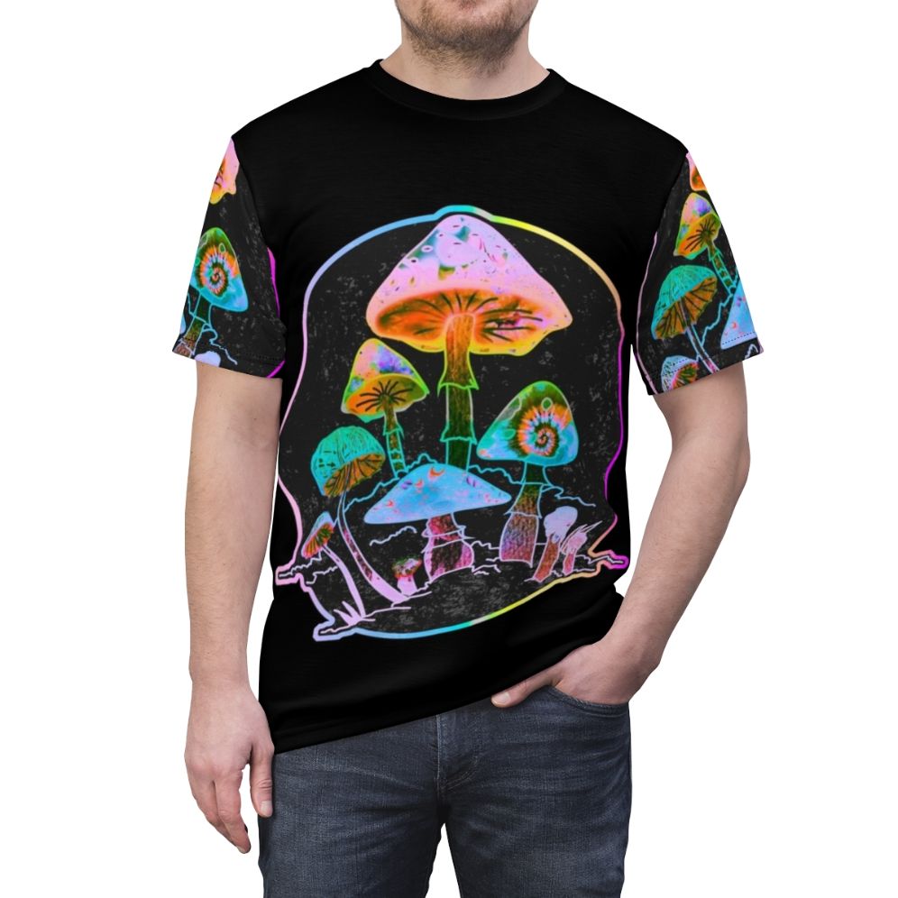 Trippy mushroom design t-shirt with colorful, psychedelic, and consciousness-themed graphics - men front