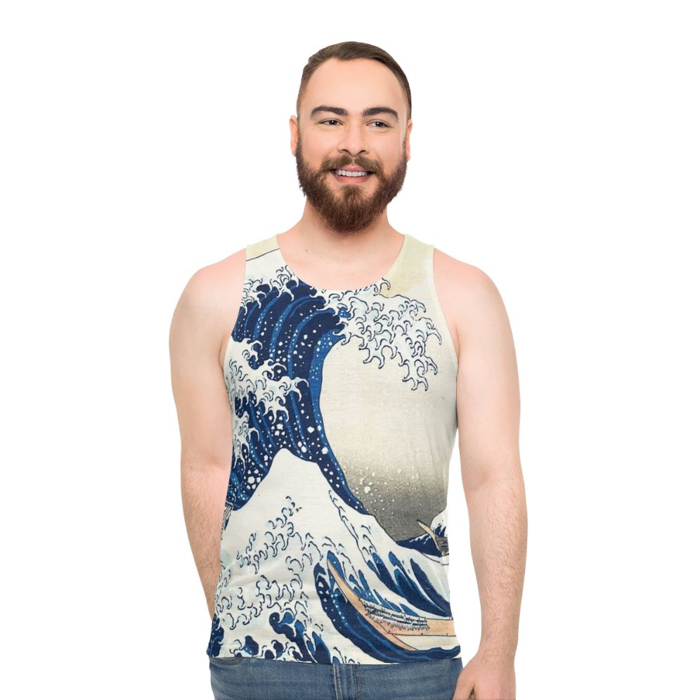 Hokusai's famous The Great Wave Off Kanagawa artwork printed on a unisex tank top - men