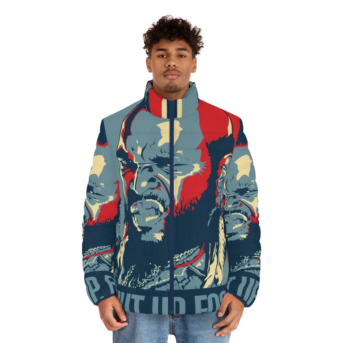 Mr T "Shut Up Fool" Puffer Jacket featuring retro A-Team inspired design - men front