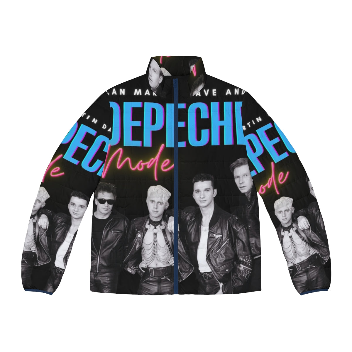 Depeche Mode inspired black puffer jacket with 80s synth-pop design