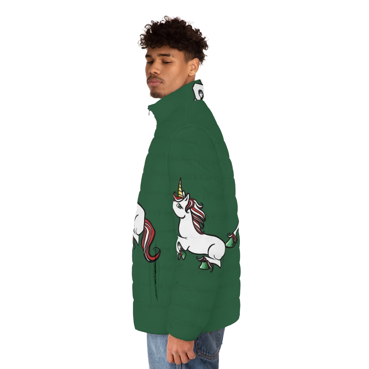 A cozy and fashionable Christmas unicorn puffer jacket perfect for the holiday season - men side left