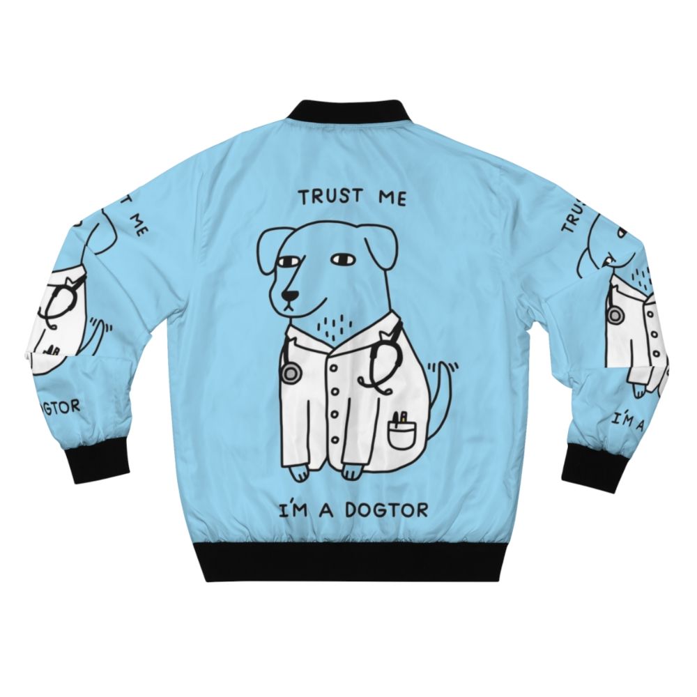 Cute bomber jacket with a pun design featuring a dog wearing a stethoscope, representing a "dogtor" or veterinarian. - Back