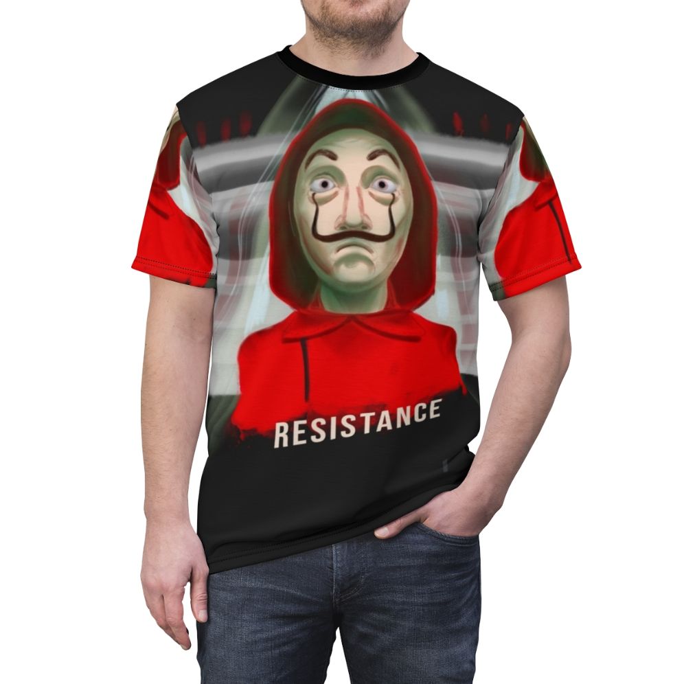 Resistance-themed T-shirt design inspired by the popular Netflix series La Casa de Papel (Money Heist) - men front