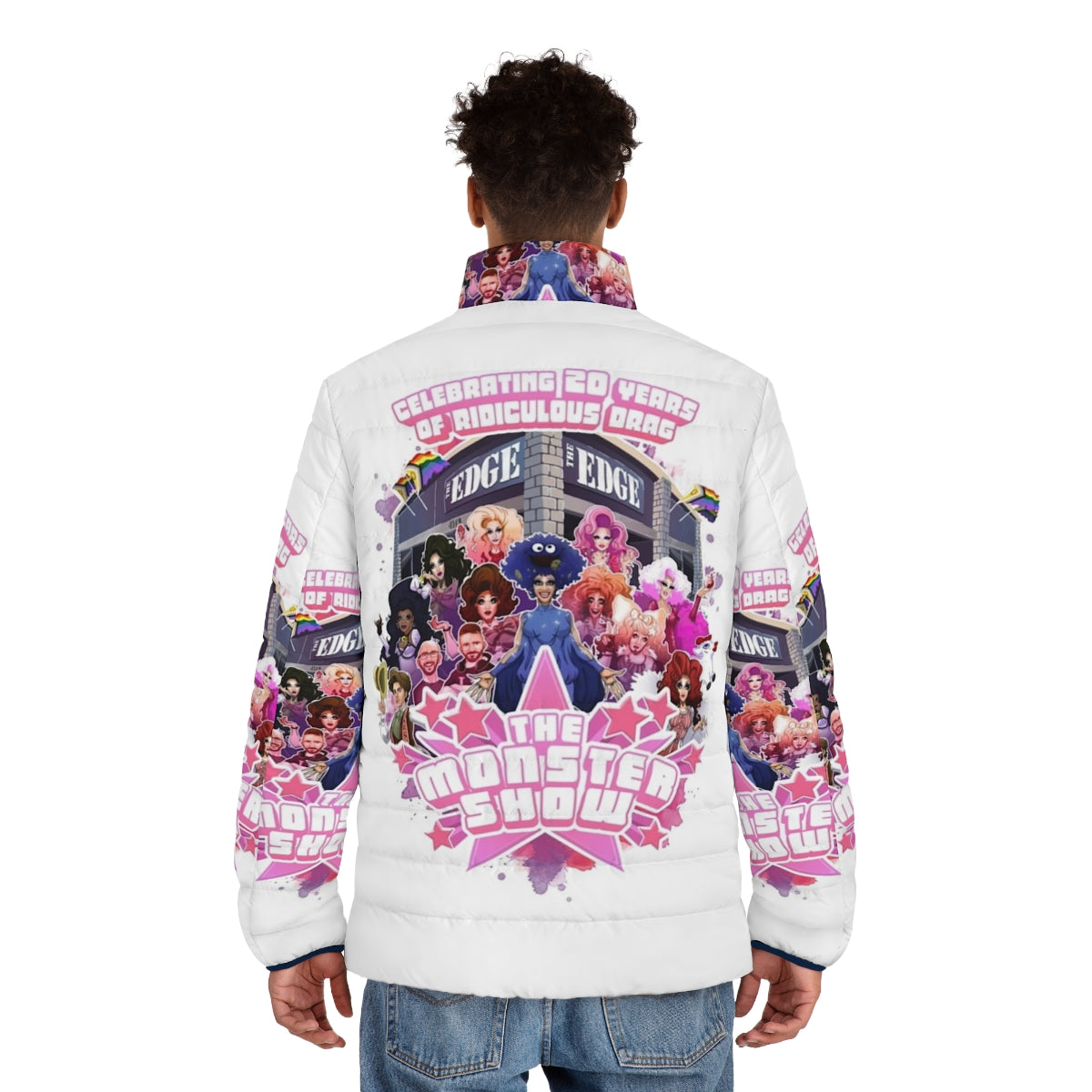 20th Anniversary Puffer Jacket featuring LGBT and drag show themes - men back