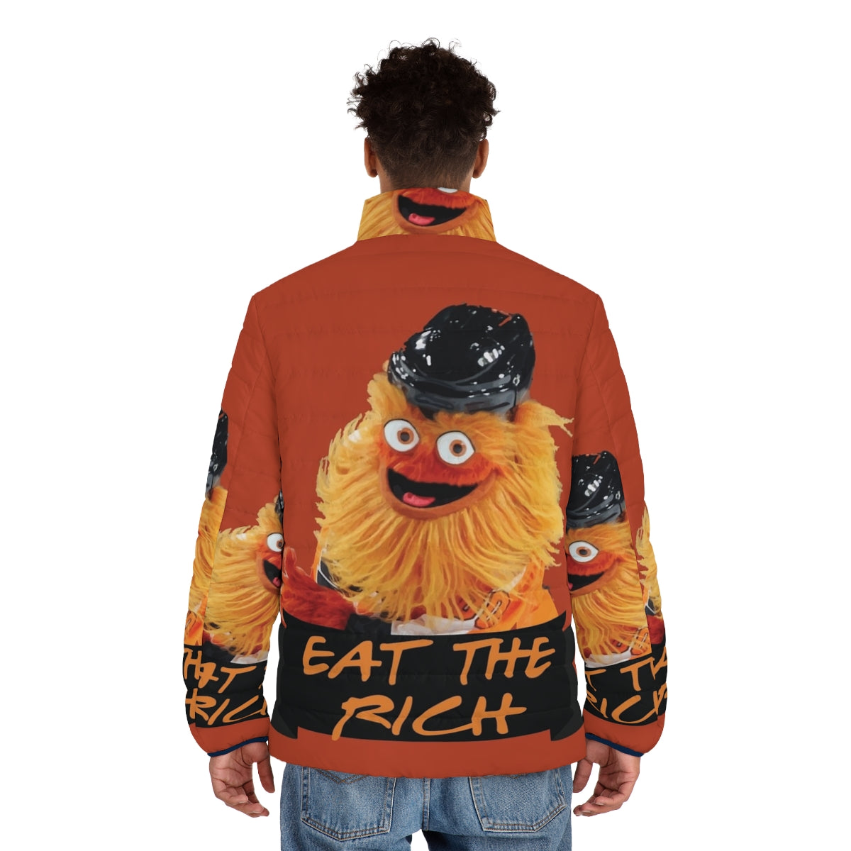 Gritty "Eat The Rich" puffer jacket featuring the Philadelphia Flyers mascot in a humorous, creepy, and unique design - men back