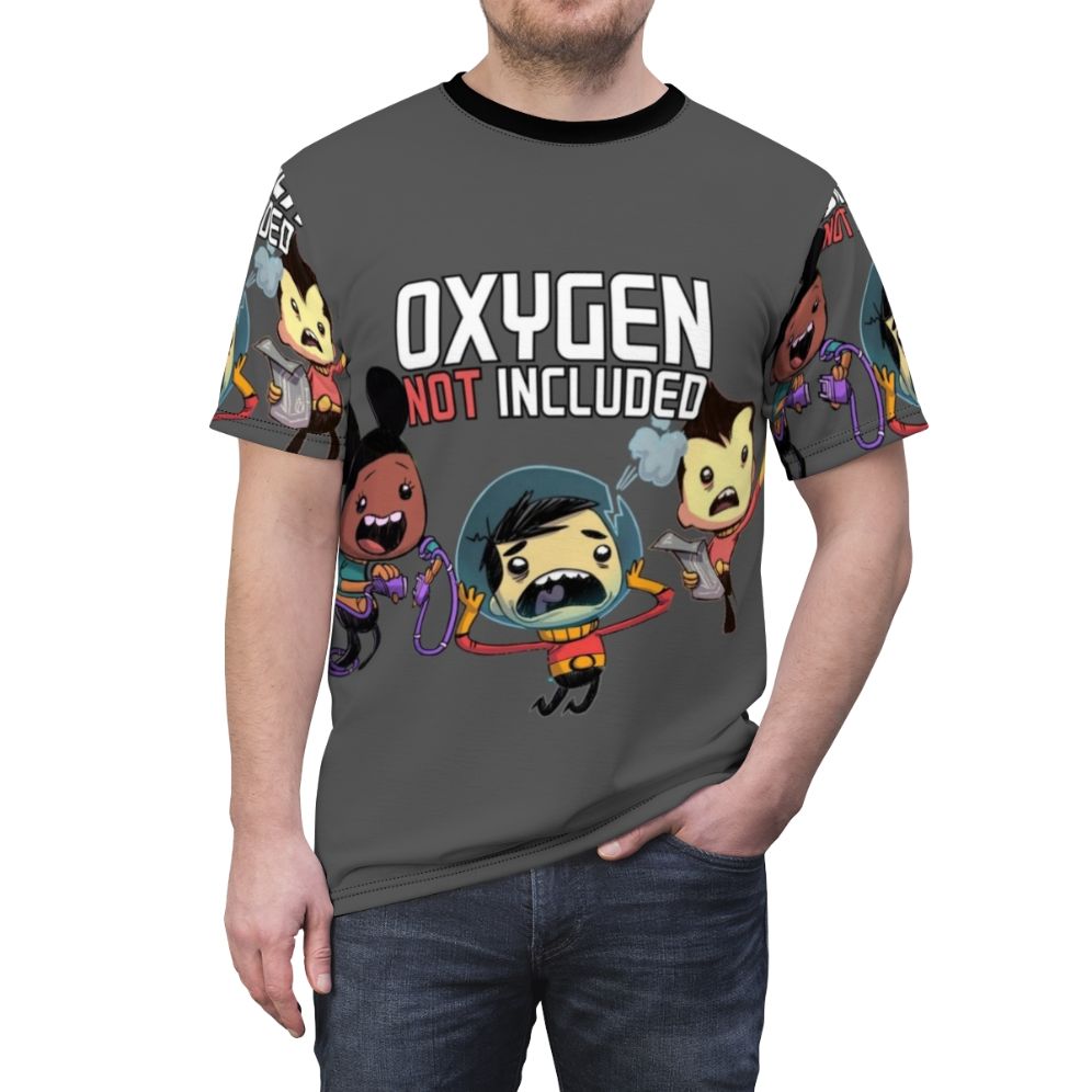 Oxygen Not Included-inspired T-shirt design featuring the game's iconic elements - men front