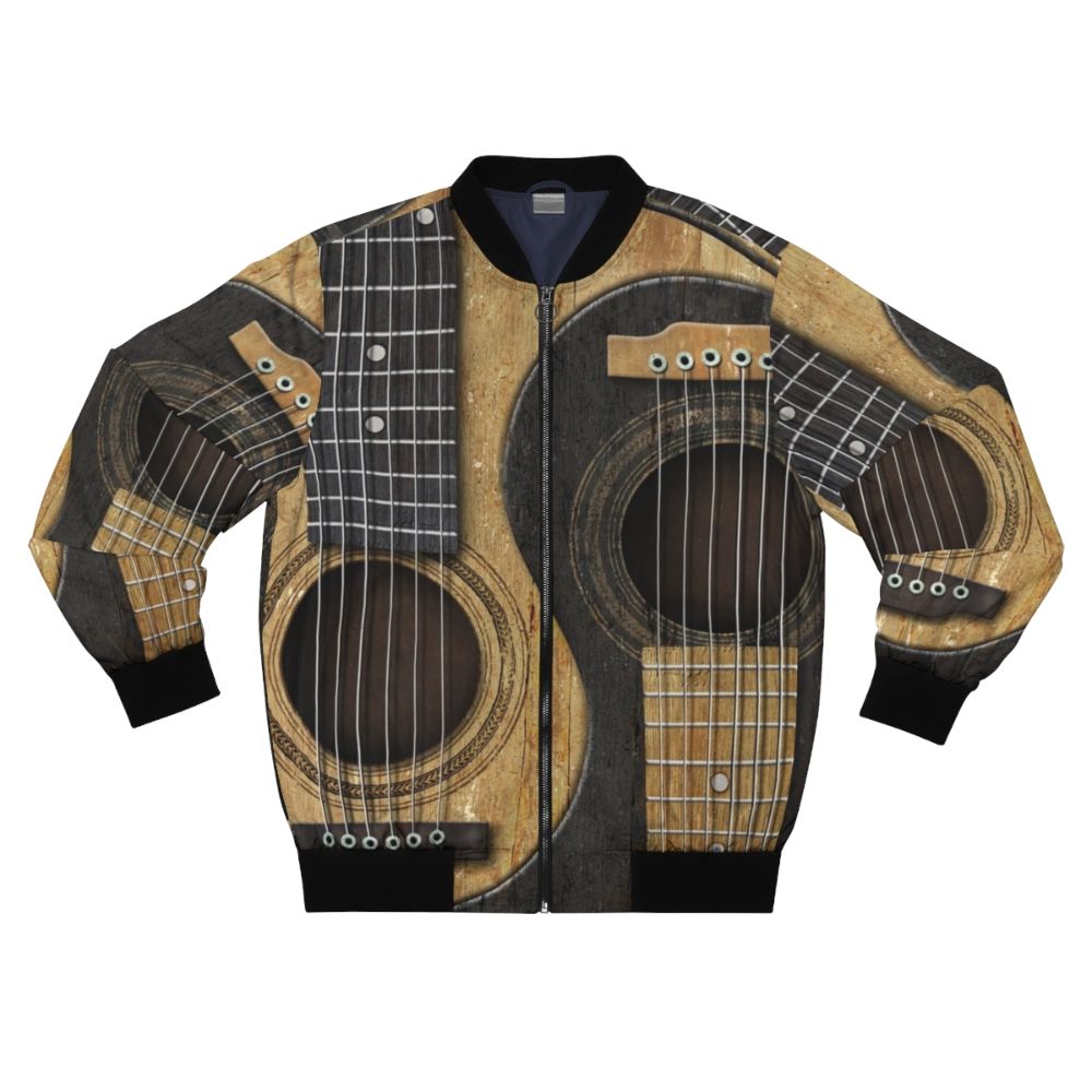 Vintage-inspired bomber jacket featuring a yin yang design made of old, worn acoustic guitars