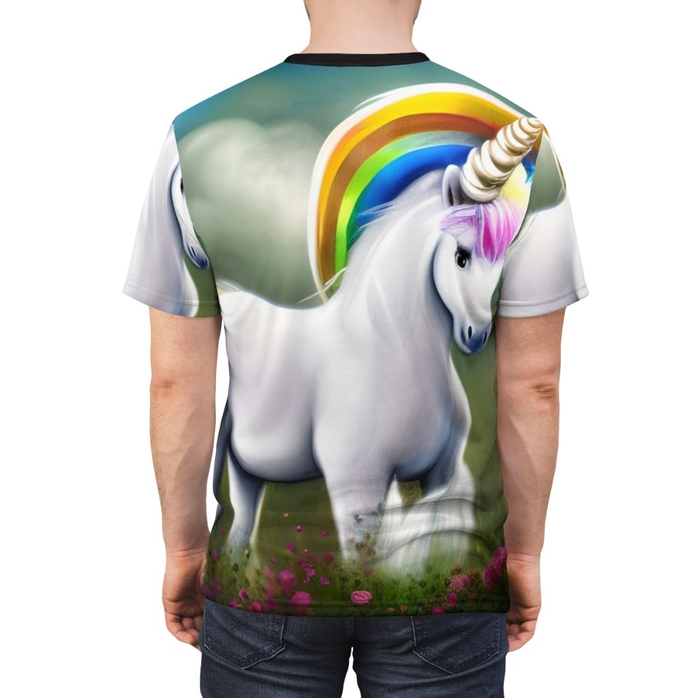 Illustration of a majestic fantasy unicorn with a golden horn on a t-shirt - men back