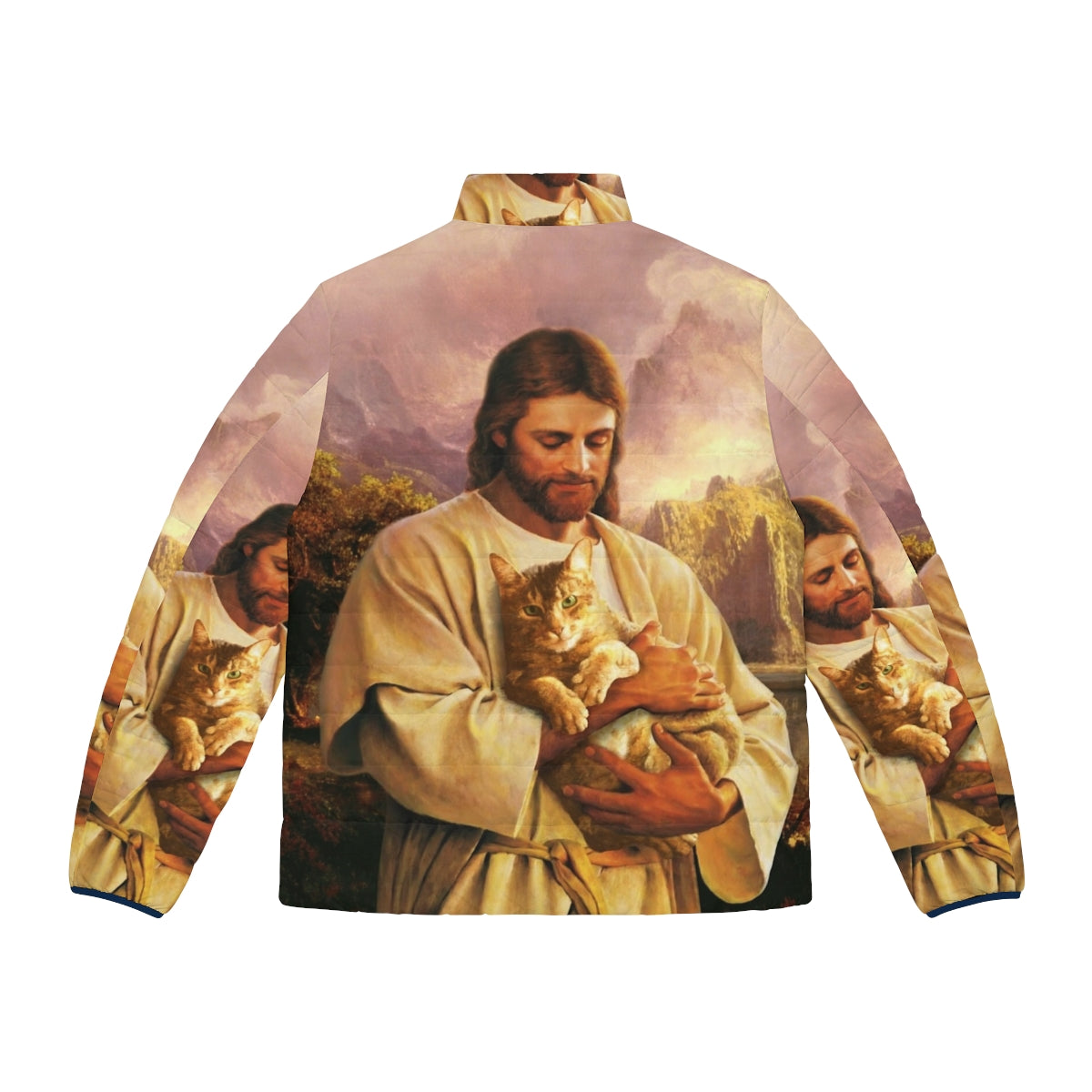 A puffer jacket featuring a cat dressed as Jesus Christ, a humorous religious-themed apparel item. - Back