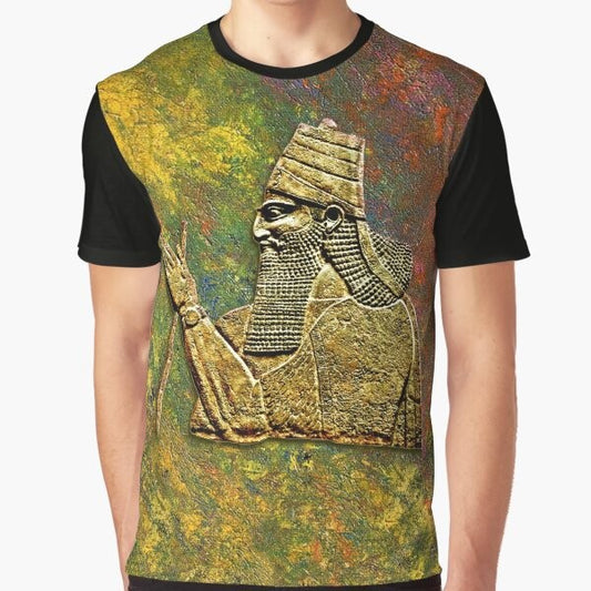 Graphic t-shirt featuring an illustration of an Assyrian king with cultural and historical elements