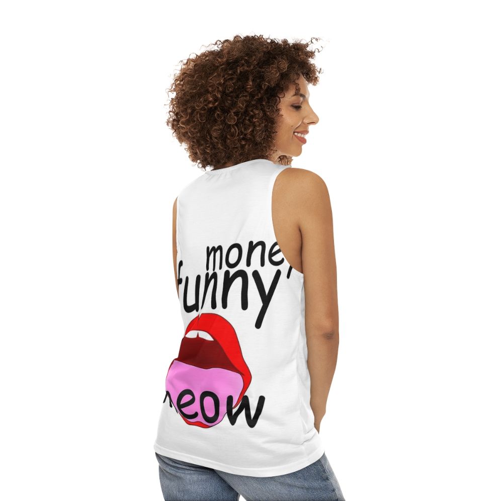 Funny unisex tank top with pop culture graphics - women back