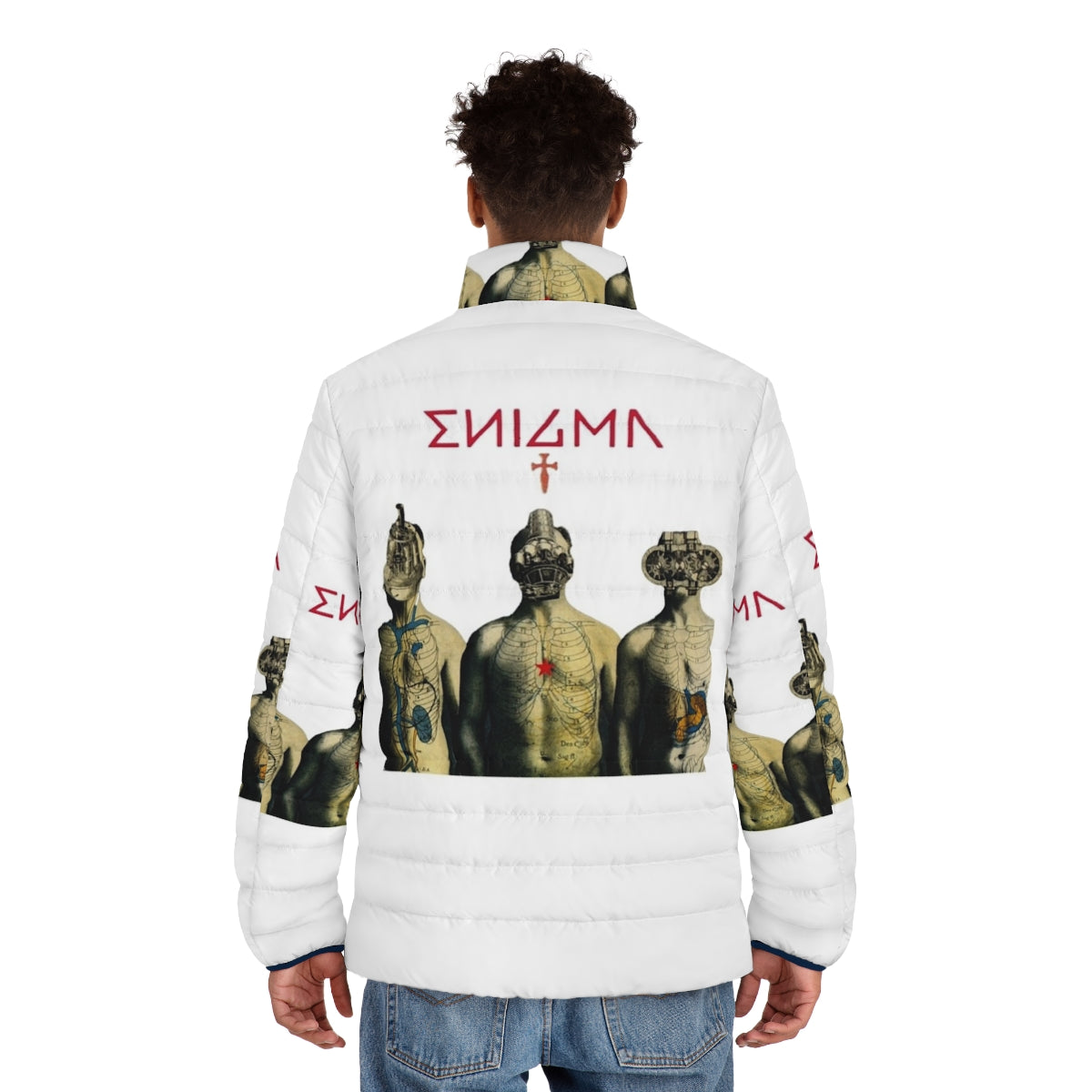 Enigma 'TNT for the Brain' puffer jacket featuring 90s electronic music and new age design - men back