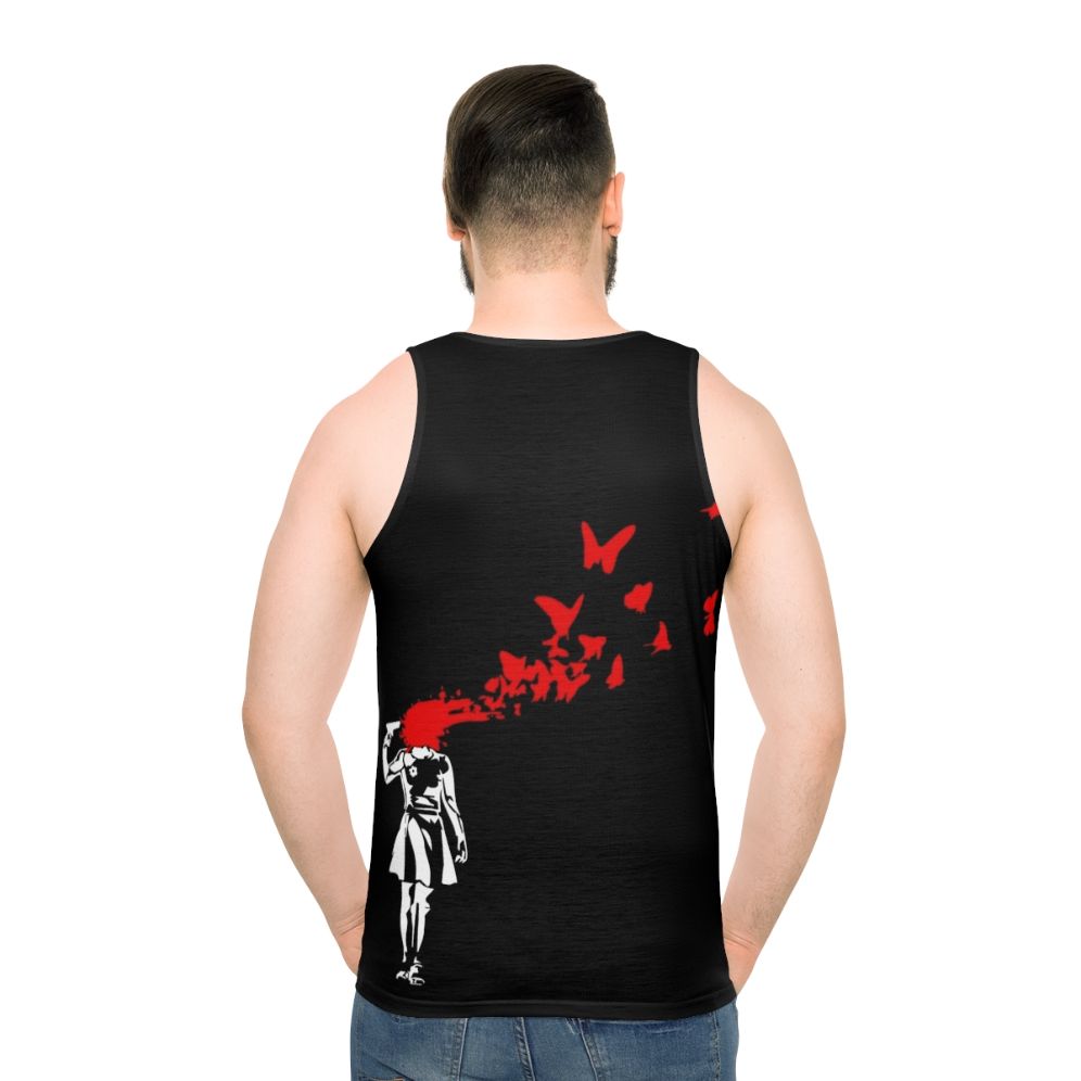 Banksy-inspired butterfly unisex tank top - men back