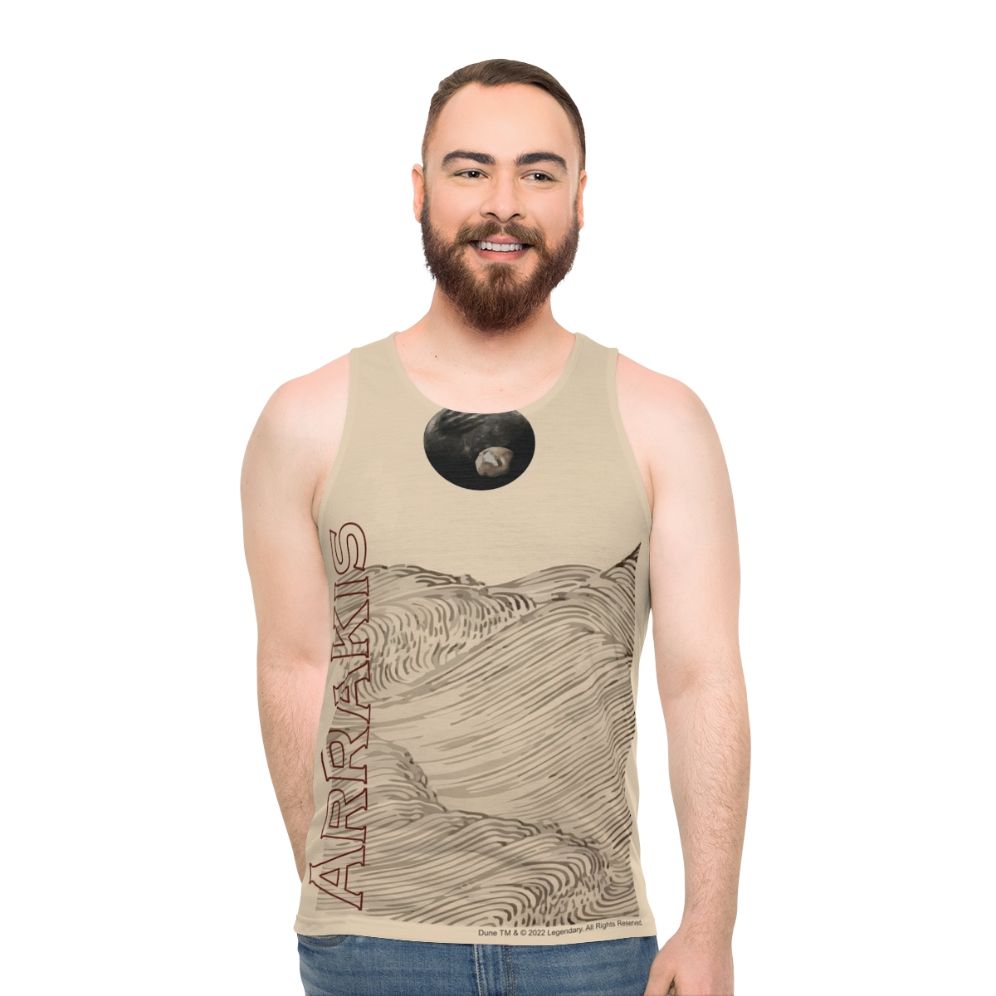 Dune inspired unisex tank top with desert landscape design - men