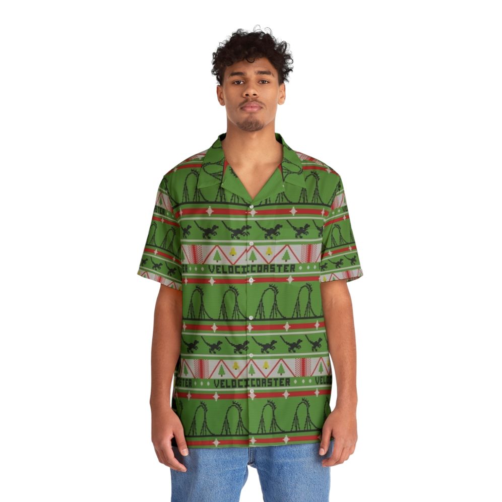 Velocicoaster Ugly Christmas Sweater Hawaiian Shirt featuring a dinosaur and tropical print design - People Front