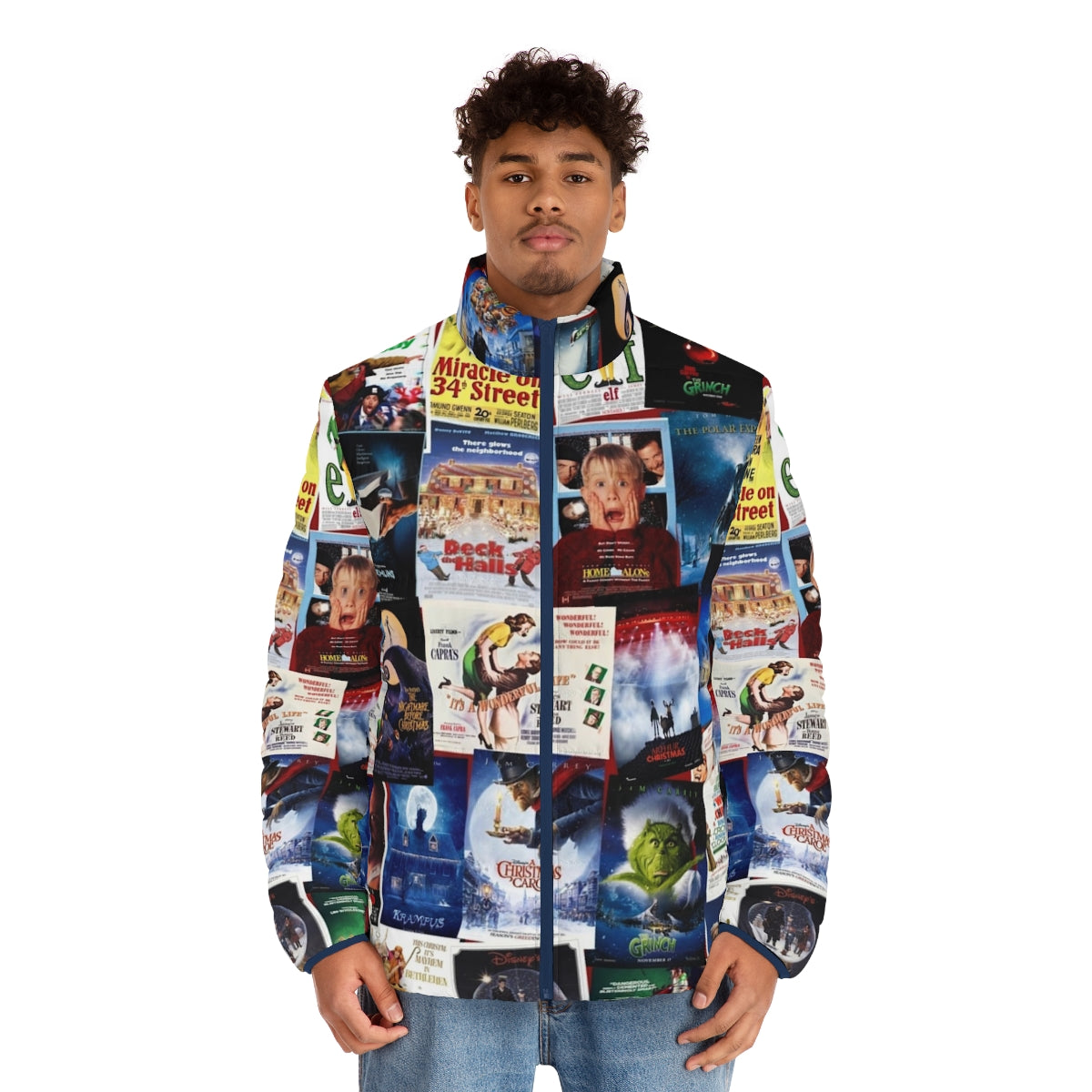 Christmas film collage puffer jacket featuring iconic holiday movies - men front