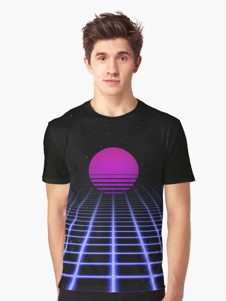 80s sunset aesthetic graphic t-shirt featuring a glowing grid and vapor wave design - Men