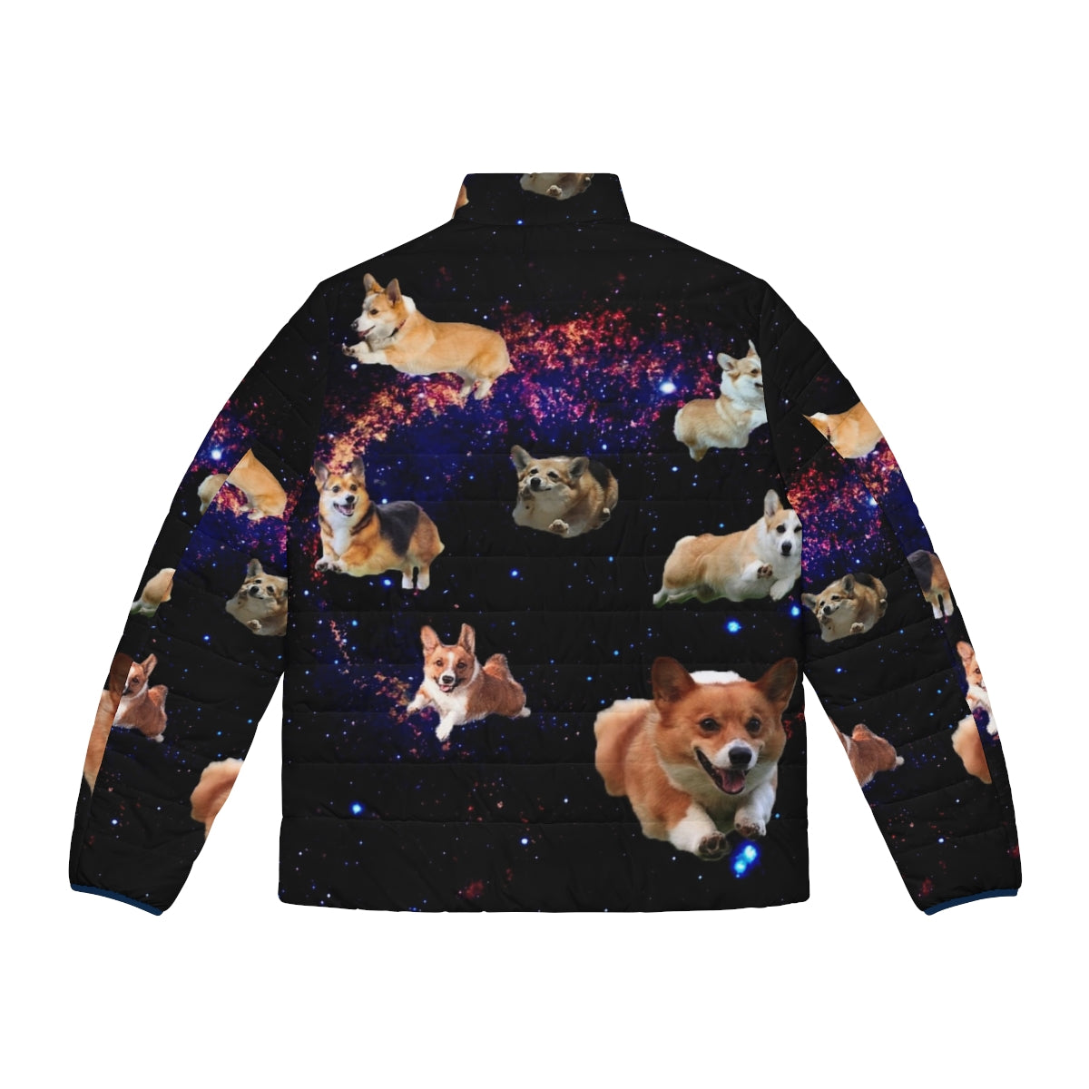 A colorful puffer jacket featuring a cute corgi in an outer space, cosmic design. - Back