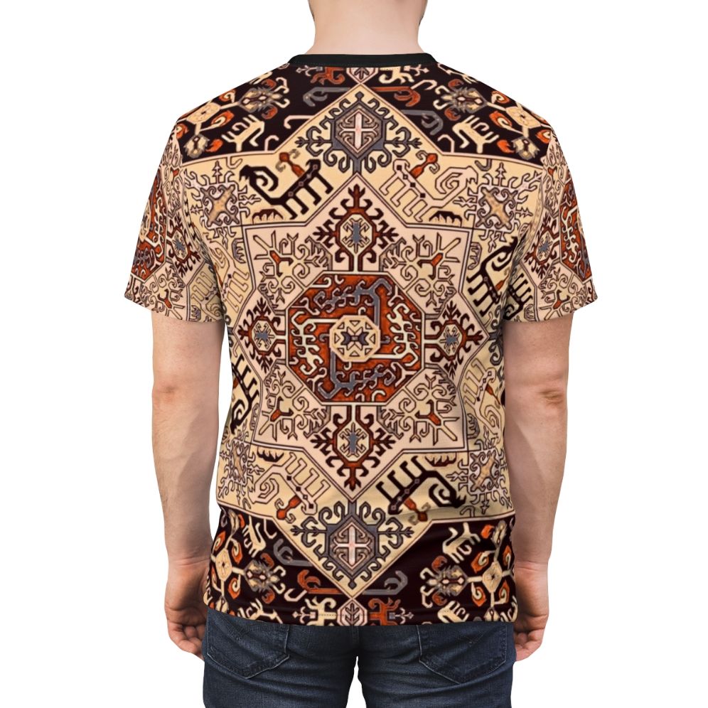 Model wearing a t-shirt featuring traditional Armenian art and design elements - men back