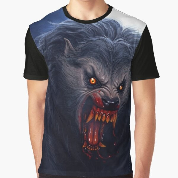 Beware the moon! Graphic t-shirt featuring a classic werewolf design inspired by the film "An American Werewolf in London".