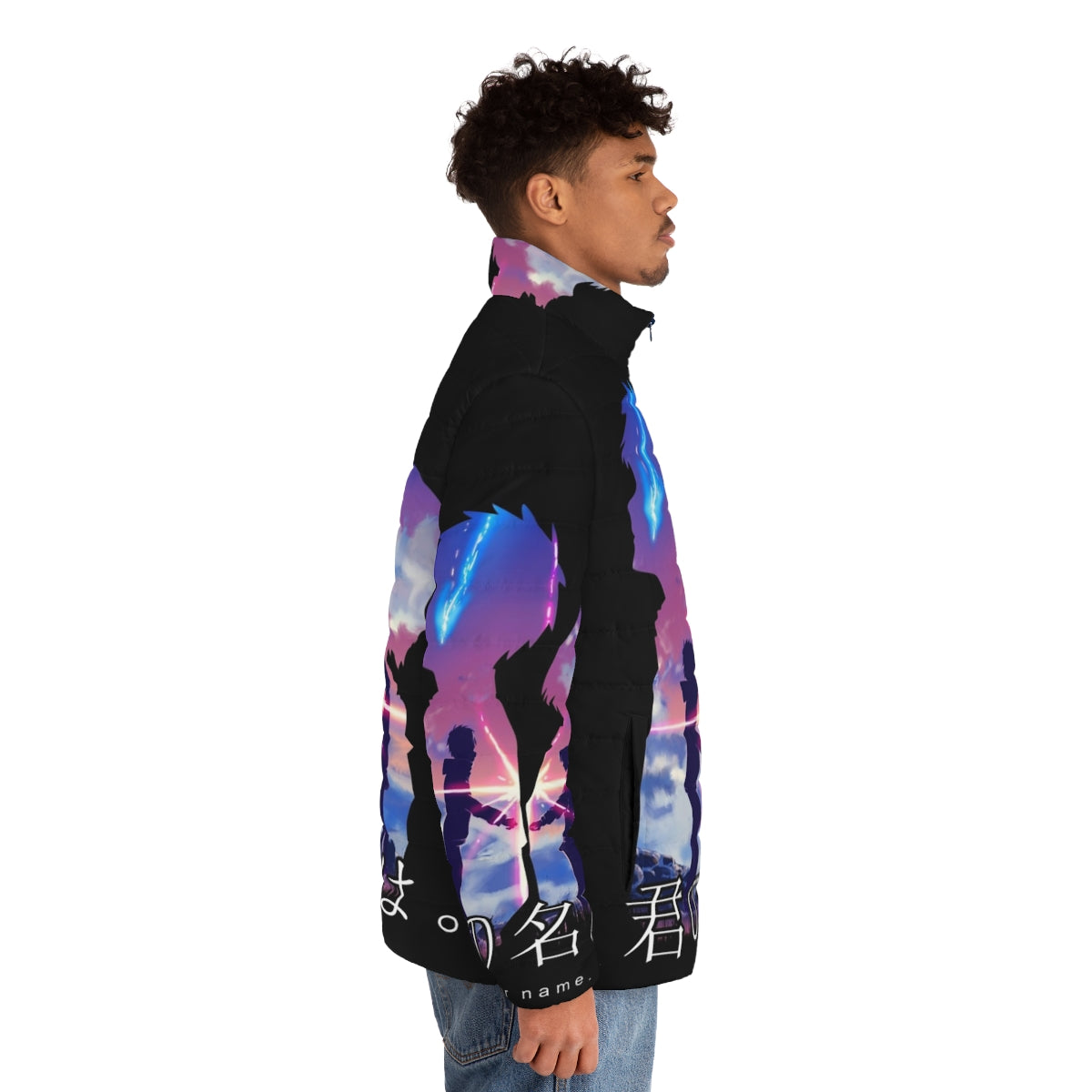 Your Name anime puffer jacket featuring characters Mitsuha and Taki - men side right