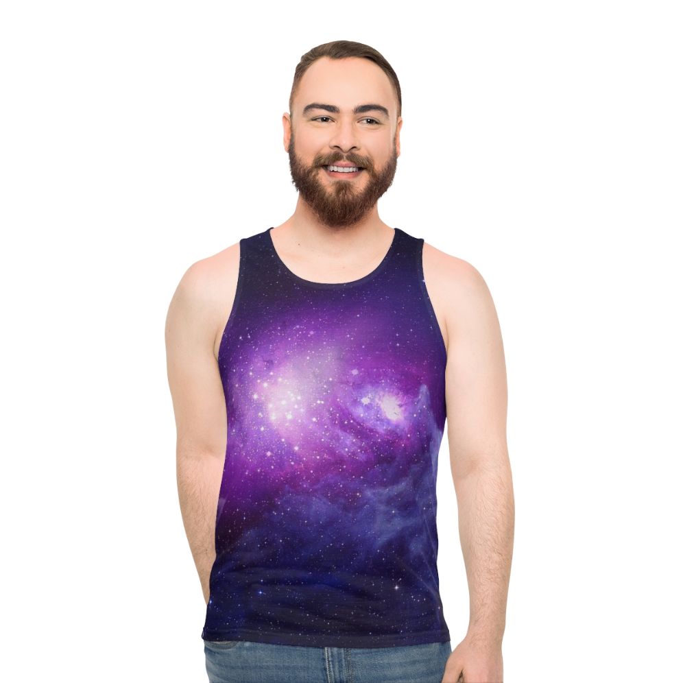 Vibrant galaxy unisex tank top with starry night design - men