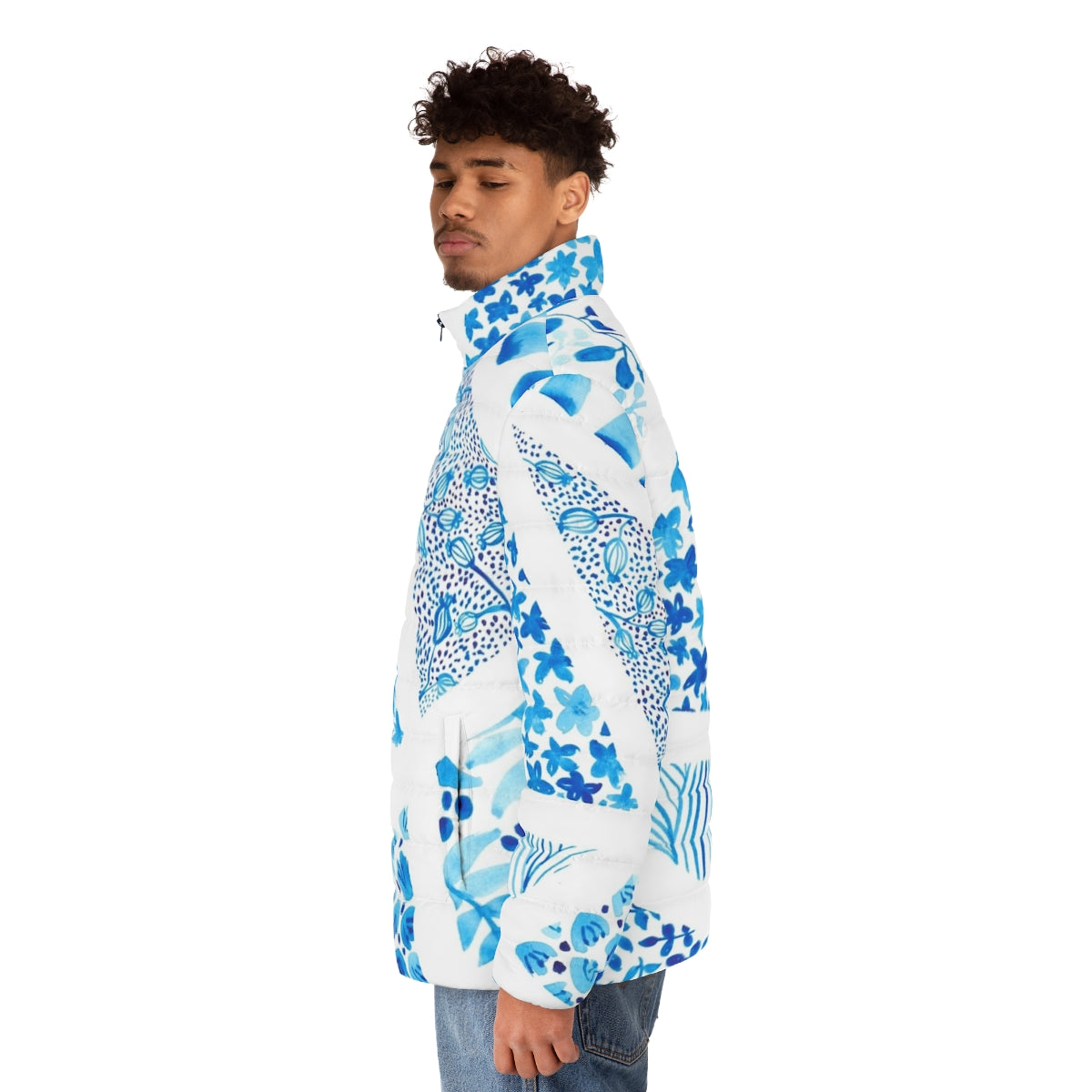 Blue abstract pattern puffer jacket with geopatterning and nature-inspired design - men side left