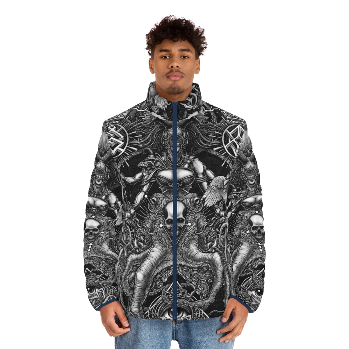 Puffer jacket featuring a surreal octopus and skull design in black and white - men front