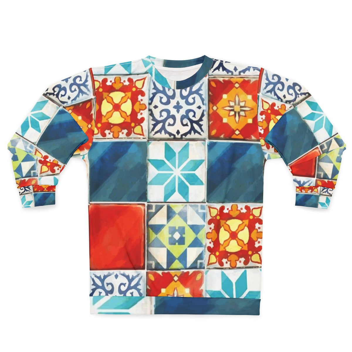 Colorful abstract grid design sweatshirt inspired by Azul board game tiles