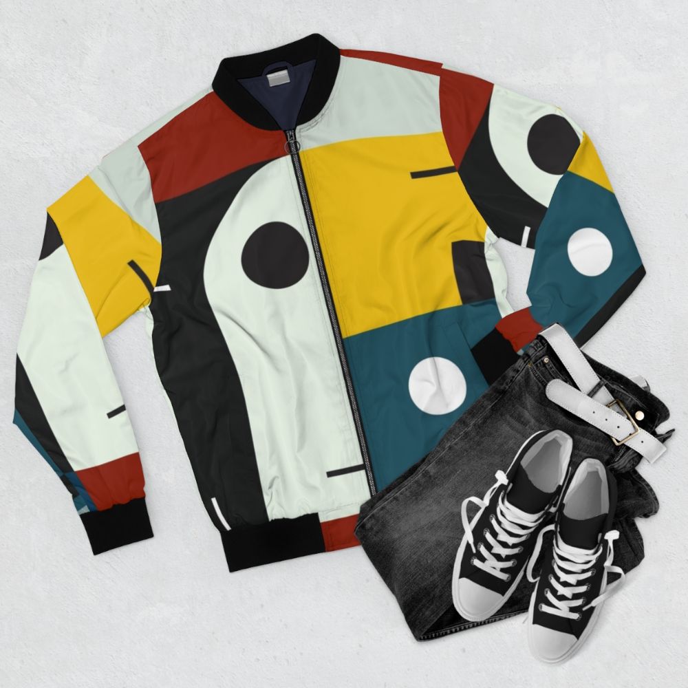 Bauhaus-inspired modernist bomber jacket with geometric patterns and bold colors - Flat lay