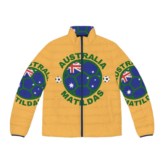 Australia Matildas Women's Soccer Team Puffer Jacket featuring the team logo and colors