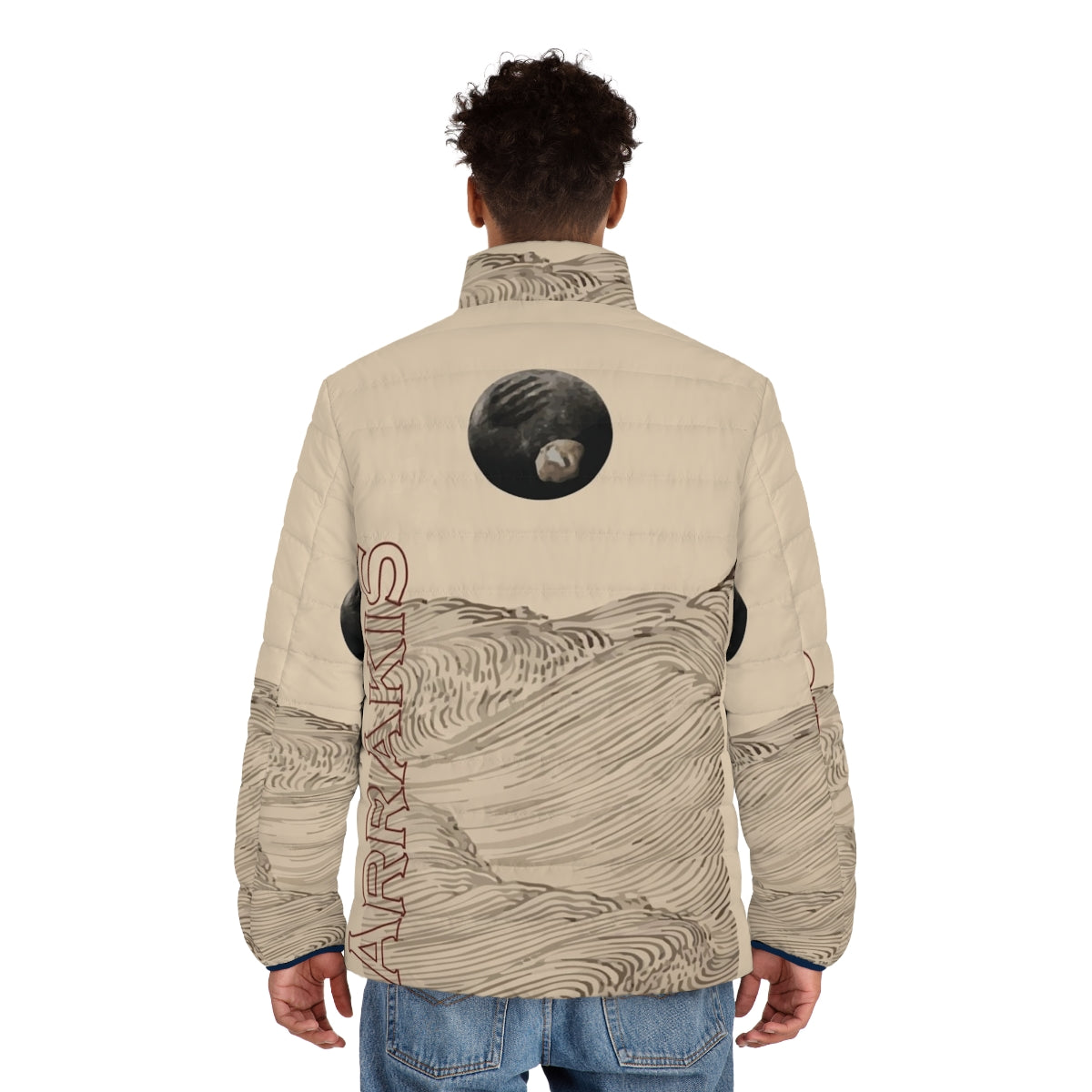 Dune inspired puffer jacket with desert landscape design - men back