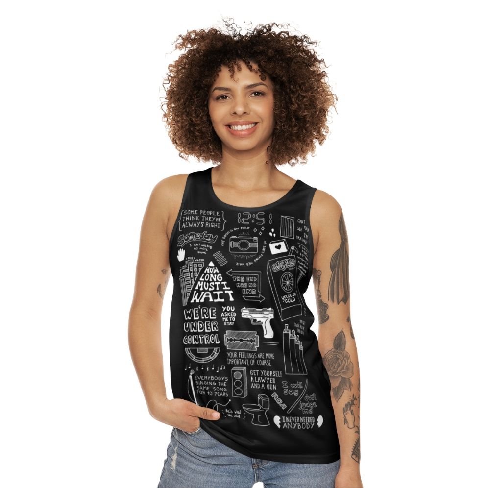 Collage of The Strokes black and white unisex tank top - women