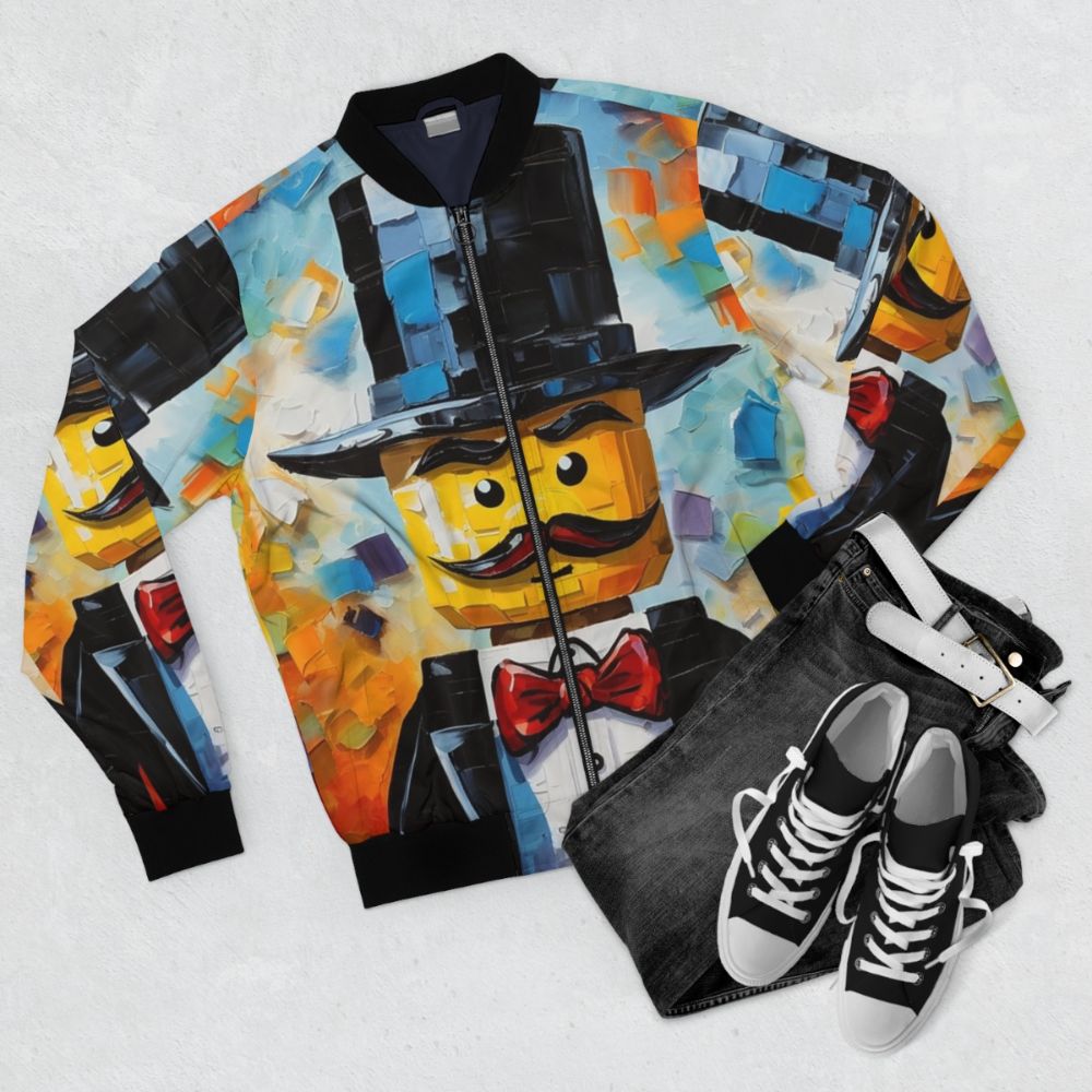 Colorful and funky Lego-inspired bomber jacket with a playful Lego minifigure design. - Flat lay