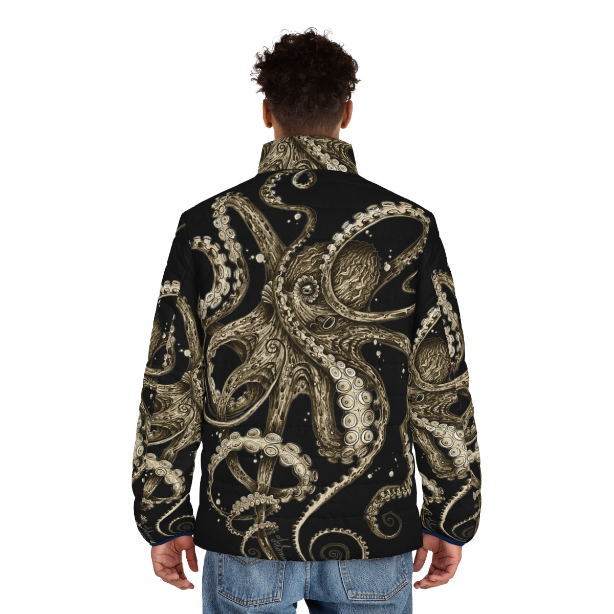 Psychedelic sepia-colored puffer jacket with octopus and tentacle design - men back