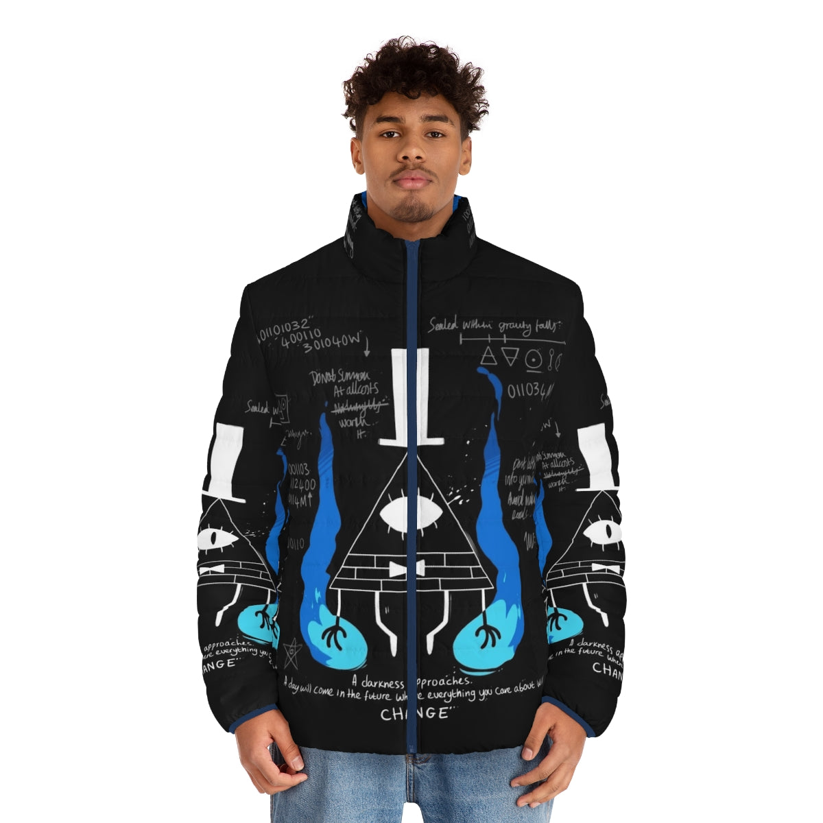 A dark and mysterious puffer jacket inspired by the supernatural elements of Disney's Gravity Falls - men front