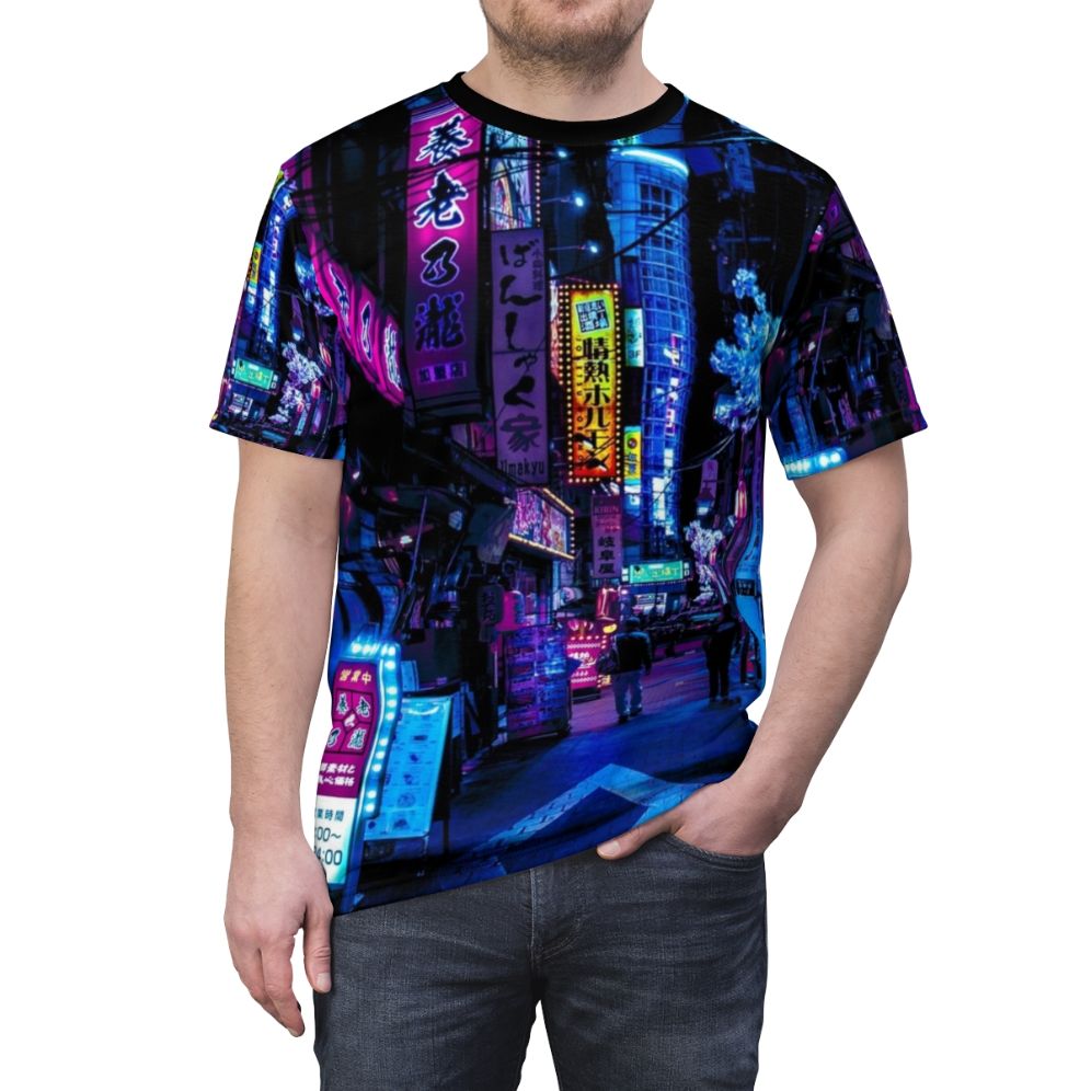 Cyberpunk-inspired t-shirt with a neon graphic of an alley in Tokyo, Japan. - men front