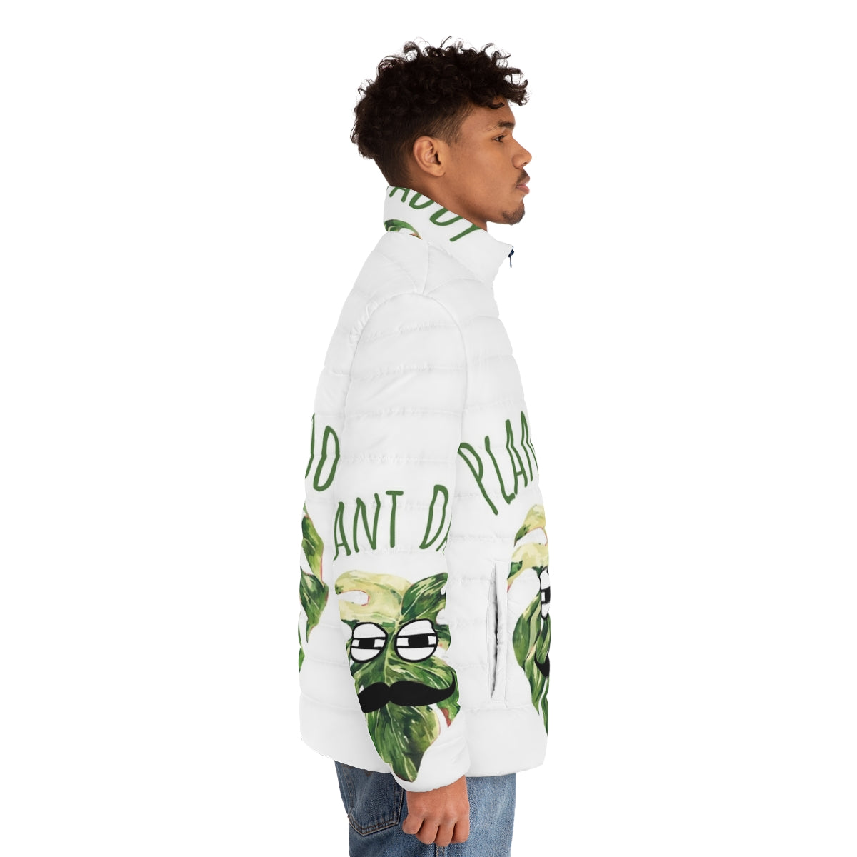 A cozy puffer jacket with a plant-themed design, perfect for the ultimate plant lover - men side right