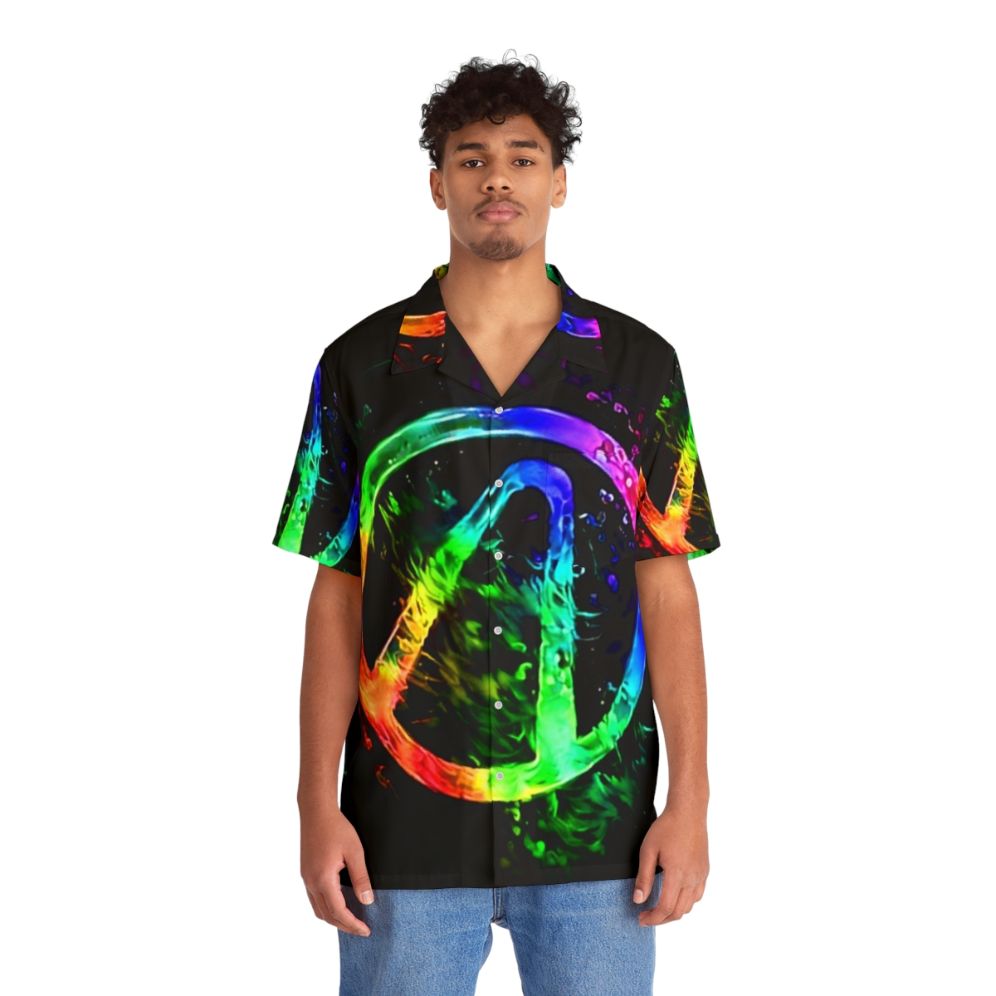 Borderlands inspired hawaiian shirt with a rainbow splash and vault hunter symbol design - People Front