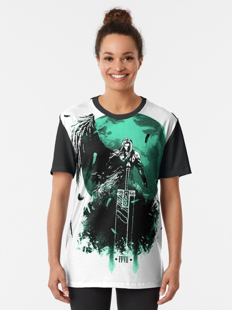 Final Fantasy VII t-shirt featuring the iconic characters Sephiroth and Cloud with the buster sword and materia - Women