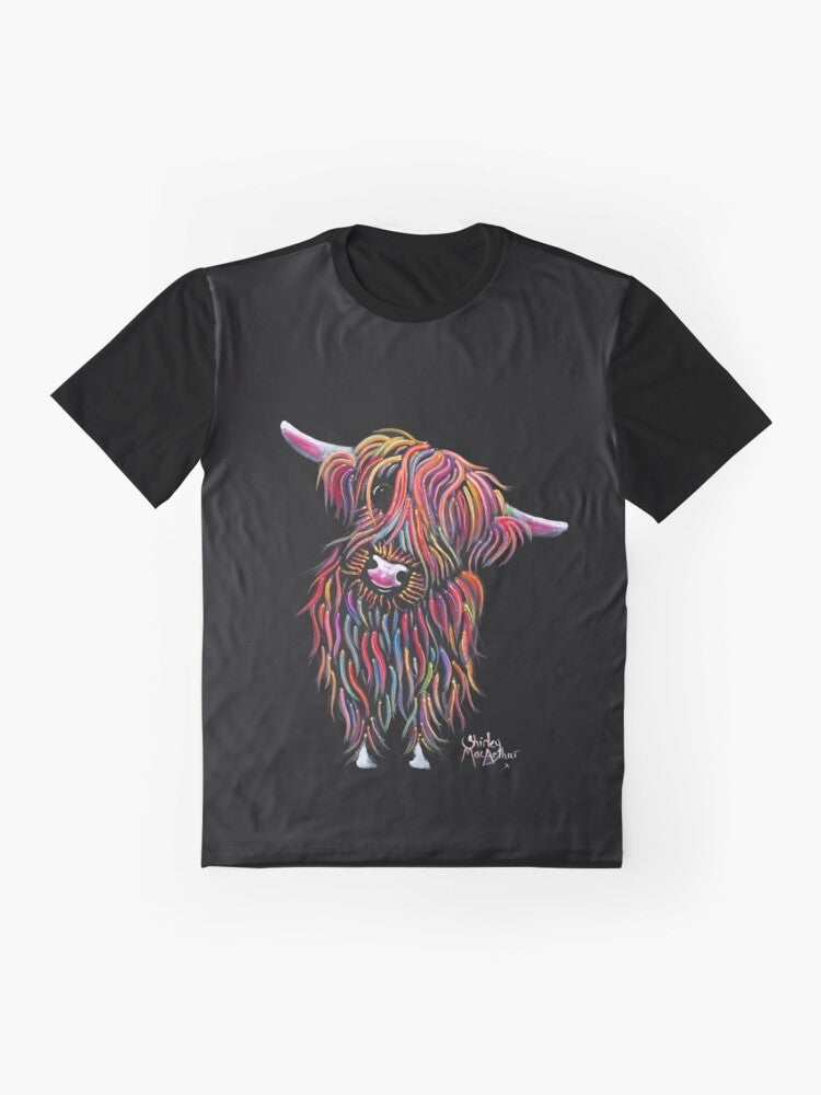 Graphic t-shirt featuring a painting of a Scottish Highland cow named 'BoLLY' by artist Shirley MacArthur - Flat lay