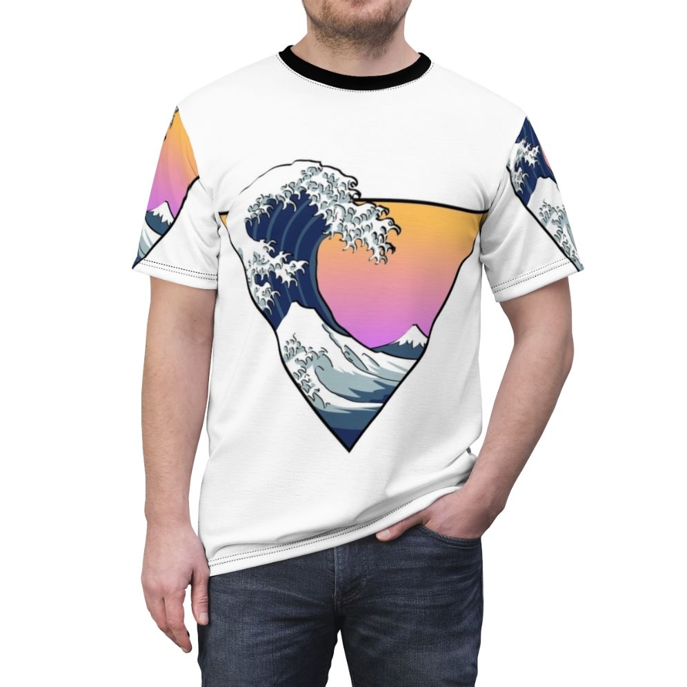 A t-shirt featuring a vibrant, gradient wave design inspired by Japanese art and vaporwave aesthetics. - men front