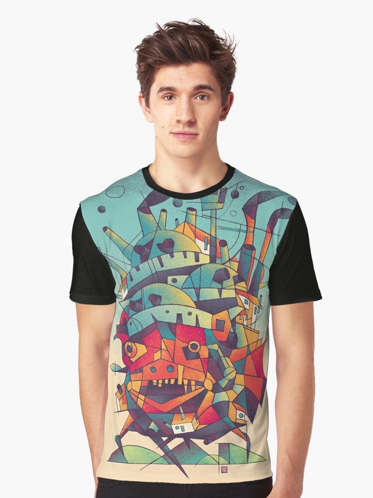 Cubist-inspired graphic t-shirt featuring a moving castle design in the style of anime and manga - Men