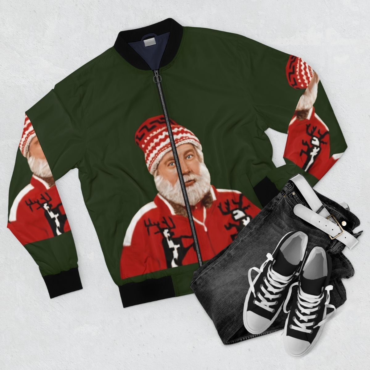 Tim Allen as Santa Claus in a digital painting portrait on a bomber jacket - Flat lay